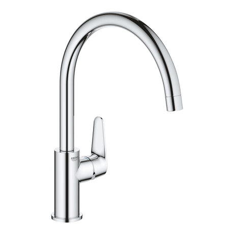 Mitigeur de cuisine Grohe, robinet chromé à bec haut, couleur argentée.