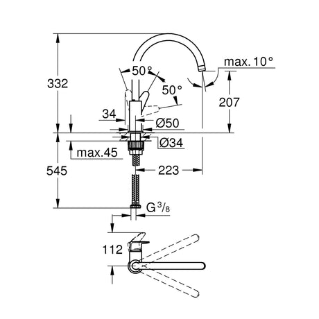 Mitigeur Grohe, robinetterie chromée, schéma technique détaillé avec dimensions.