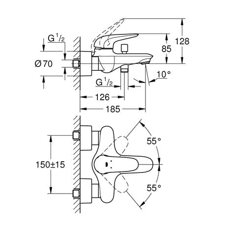 Schéma technique du mitigeur Grohe, robinetterie chromée pour douche, dimensions détaillées