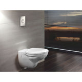 Toilette suspendue Grohe blanche, design moderne, installée sur mur gris.