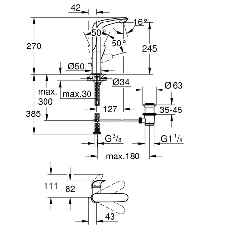 Schéma technique du mitigeur chromé Grohe pour lavabo, dimensions et angles détaillés.