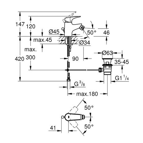 Robinet mitigeur Grohe, type lavabo, couleur chromé, schéma technique détaillé.