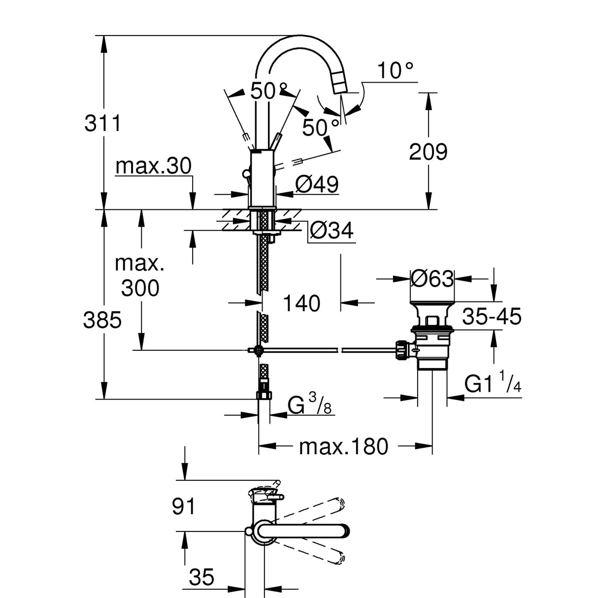 Schéma technique du mitigeur Grohe, robinet de lavabo chromé, dimensions détaillées