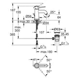Schéma technique du mitigeur chromé Grohe pour lavabo, dimensions détaillées indiquées