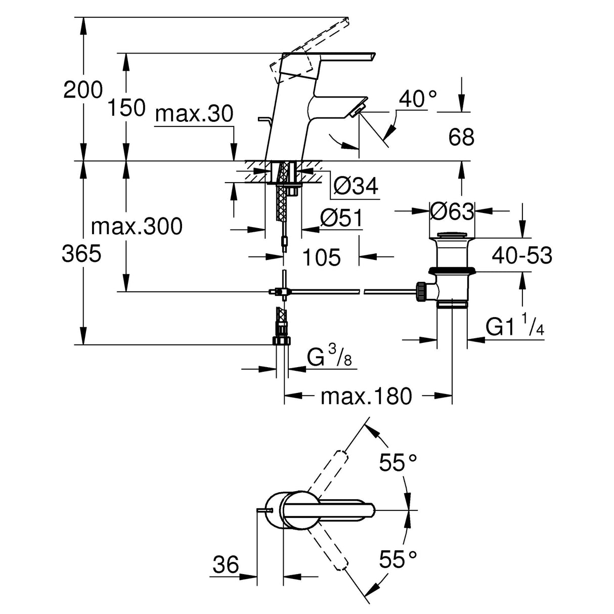 Schéma technique mitigeur chromé Grohe pour lavabo, dimensions détaillées visibles.