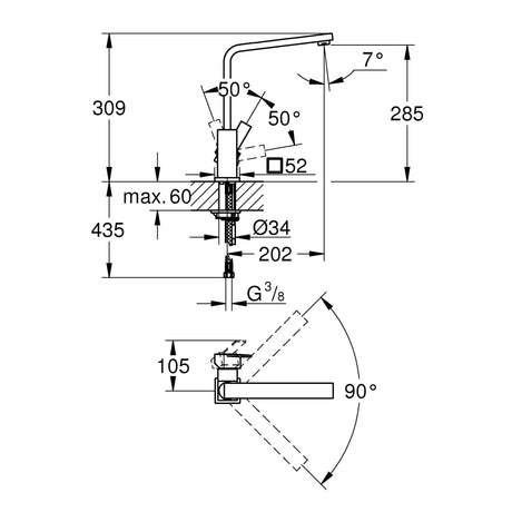 Schéma technique mitigeur Grohe, robinetterie de cuisine, couleur chromée, dimensions détaillées