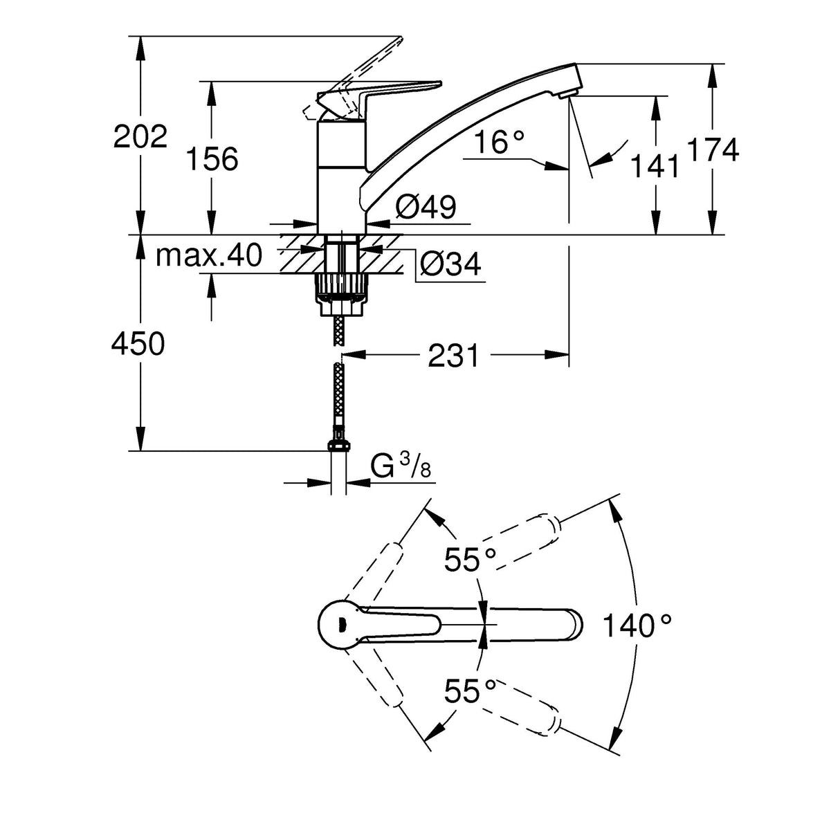 Schéma technique mitigeur de lavabo Grohe chromé avec côtes et angles d'installation.