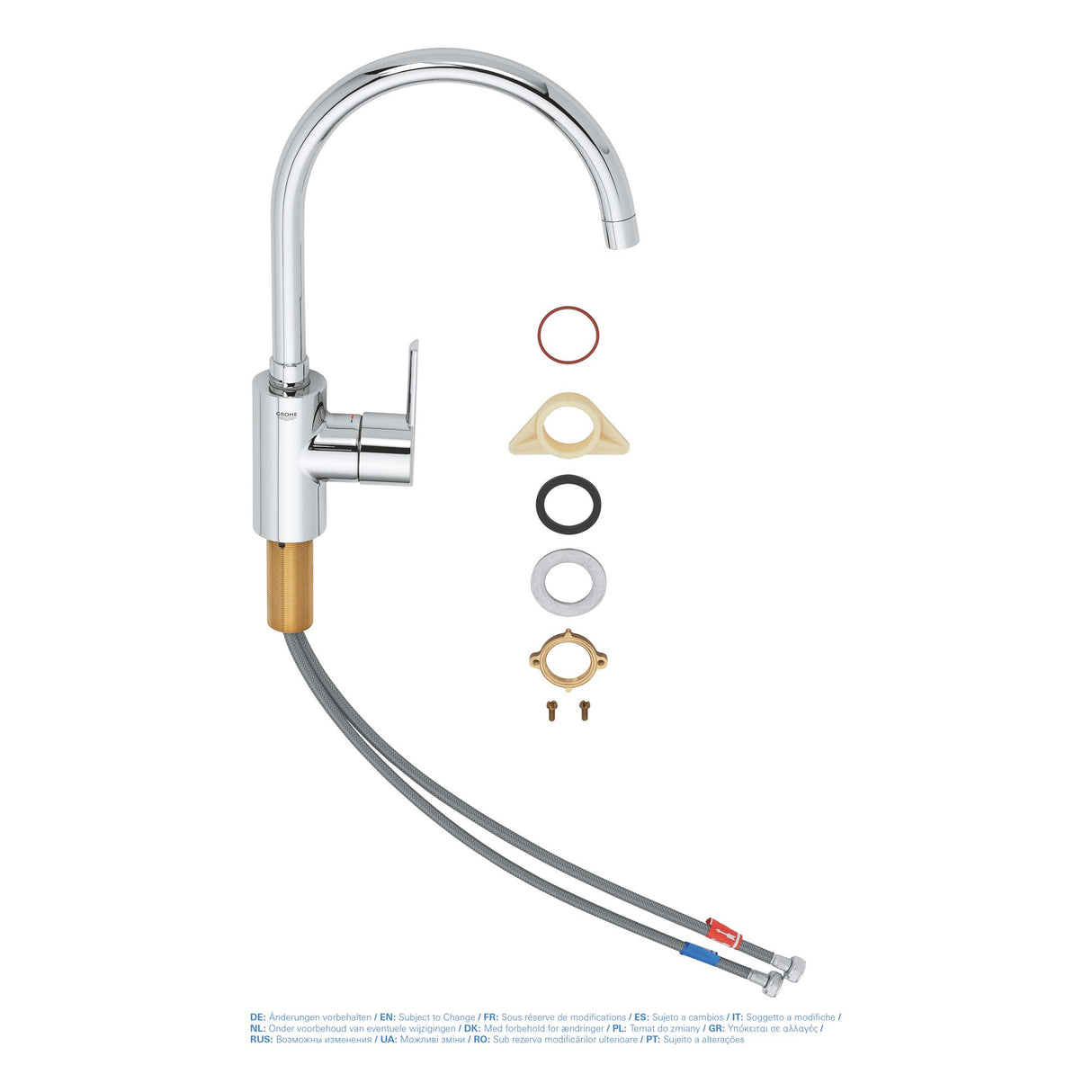 Robinet de cuisine Grohe, mitigeur chromé avec flexibles et accessoires de montage.