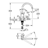 Plan technique du mitigeur Grohe, robinet chromé avec dimensions et angles détaillés.