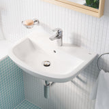 Lavabo blanc Grohe avec robinet chromé, mural, de couleur blanche pour salle de bain.