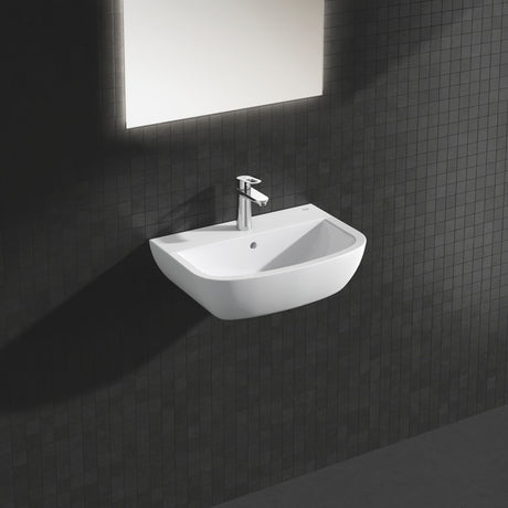 Lavabo mural blanc Grohe, céramique, design moderne, robinet chrome