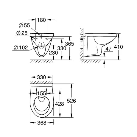 Plan technique Grohe WC suspendu blanc avec dimensions détaillées du produit.