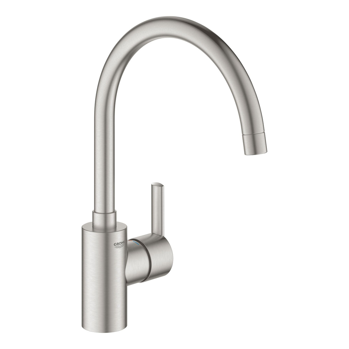 Mitigeur de cuisine Grohe, robinet inox brossé, bec haut courbé, couleur argentée