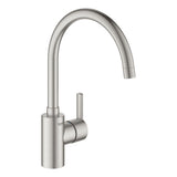Mitigeur de cuisine Grohe, robinet inox brossé, bec haut courbé, couleur argentée