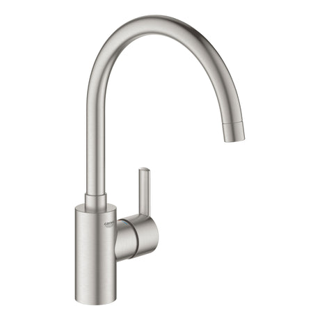 Mitigeur de cuisine Grohe, robinet inox brossé, bec haut courbé, couleur argentée
