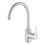 Mitigeur cuisine Grohe, robinet en inox, couleur argent, design moderne.