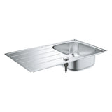 Évier inox Grohe, évier de cuisine rectangulaire, couleur argent, avec égouttoir.