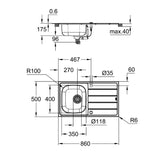 Evier Grohe inox, plan technique avec dimensions, produit couleur gris argenté.