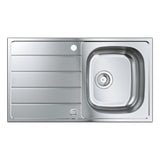 Évier de cuisine Grohe en inox, rectangulaire, couleur argent avec égouttoir.