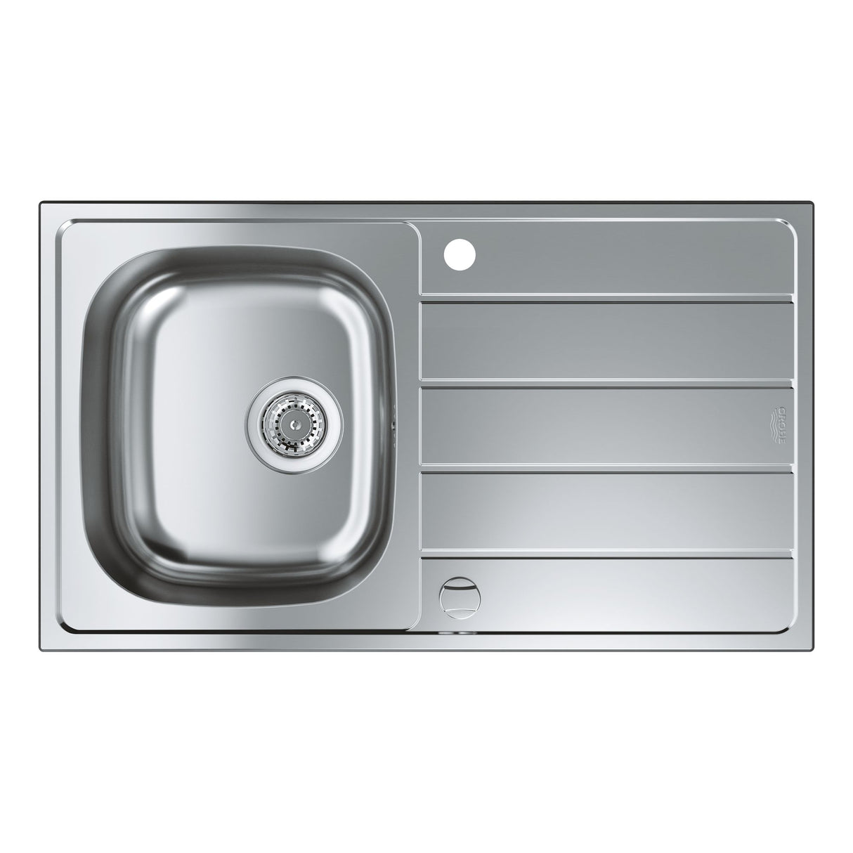 Évier de cuisine Grohe, inox, cuve et égouttoir, couleur argentée.