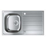 Évier de cuisine Grohe, inox, cuve et égouttoir, couleur argentée.