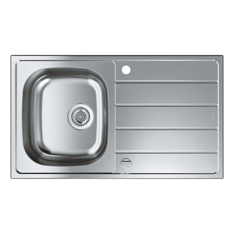 Évier de cuisine Grohe, inox, cuve et égouttoir, couleur argentée.