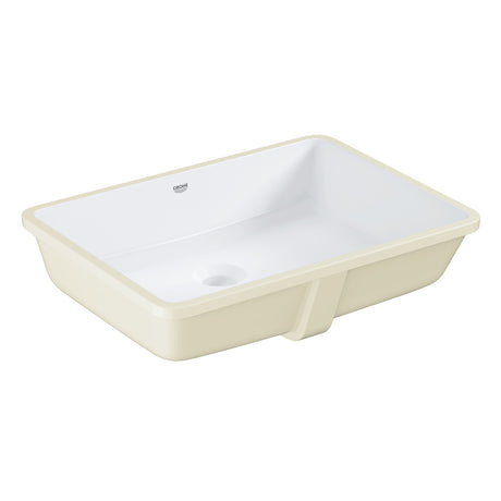 Vasque Grohe rectangulaire en céramique blanche et beige, lavabo salle de bain.