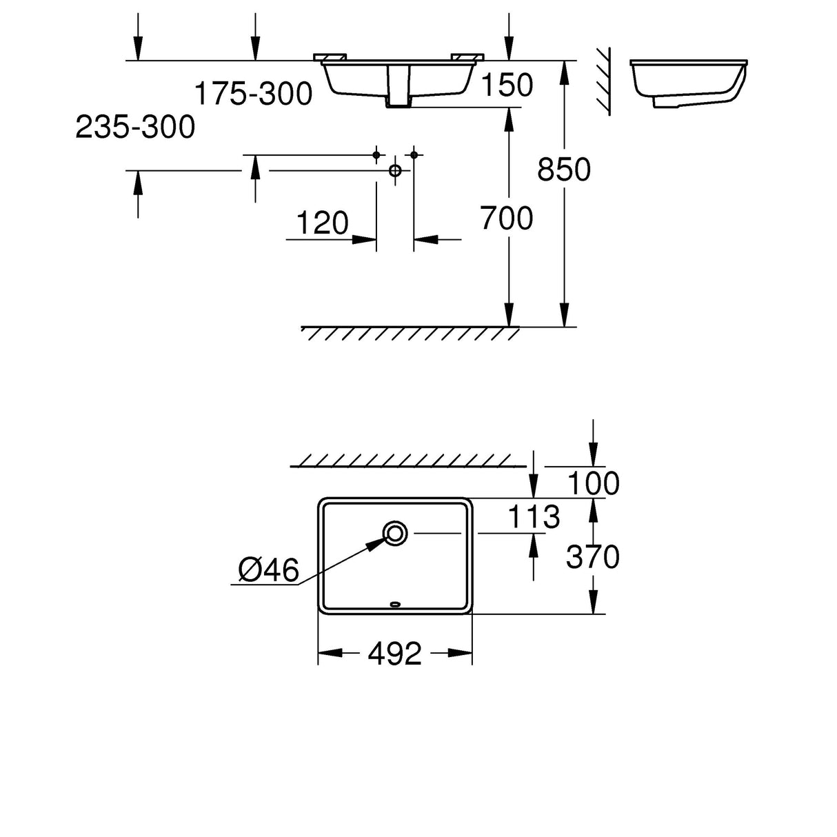 Schéma technique du lavabo blanc Grohe, dimensions détaillées, produit sanitaire.