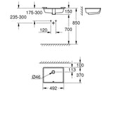 Schéma technique du lavabo blanc Grohe, dimensions détaillées, produit sanitaire.