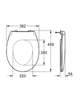 Abattant WC Grohe blanc, schéma technique avec dimensions détaillées du produit.