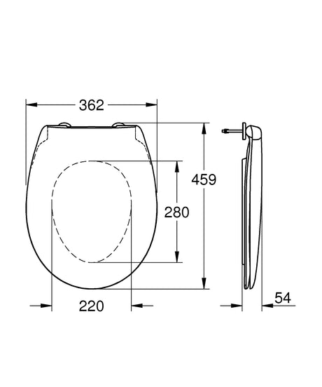 Abattant WC Grohe blanc, schéma technique avec dimensions détaillées du produit.