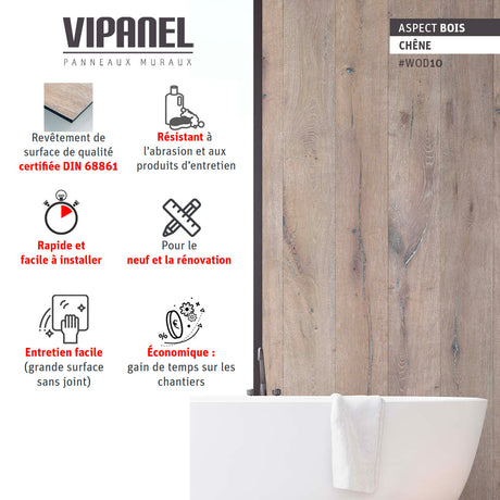 Panneau mural VIPANEL chêne, aspect bois, couleur marron clair, installé en salle de bain.