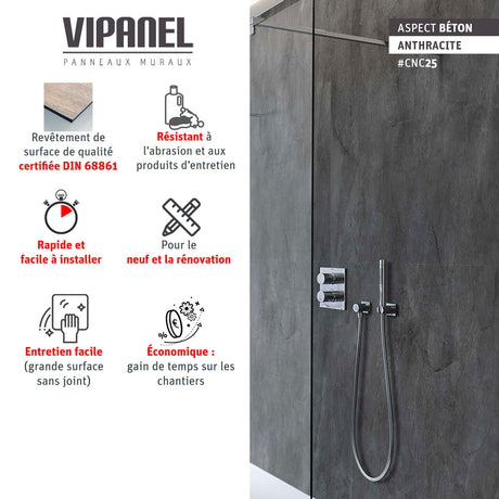 Panneau mural VIPANEL, type panneau décoratif, couleur béton anthracite, dans une douche.