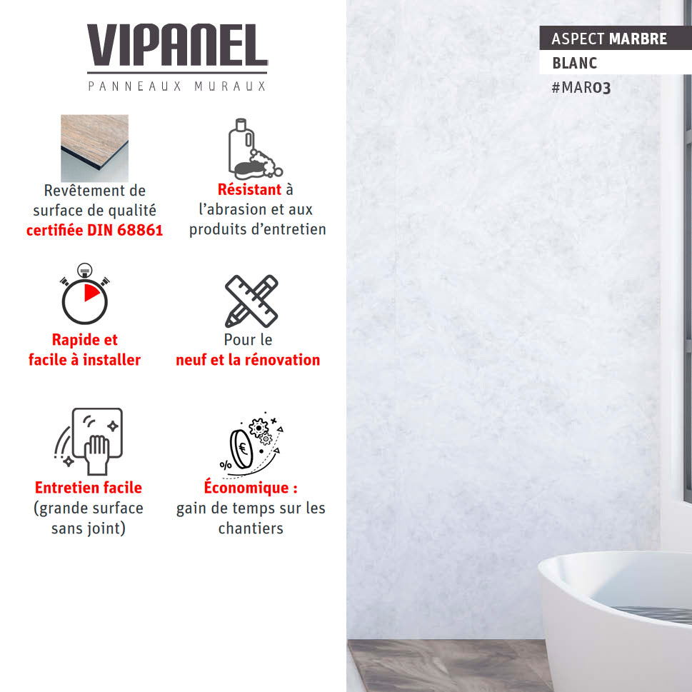 Panneau mural VIPANEL aspect marbre blanc, revêtement mural pour salle de bain.