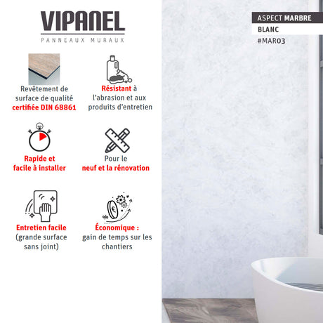 Panneau mural VIPANEL aspect marbre blanc, revêtement mural pour salle de bain.