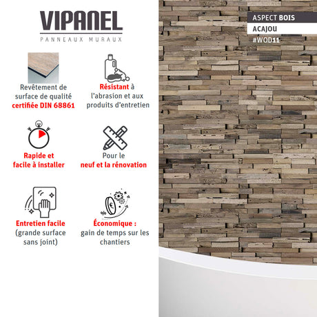 Panneau mural VIPANEL, type aspect bois, couleur acajou, finition texturée.