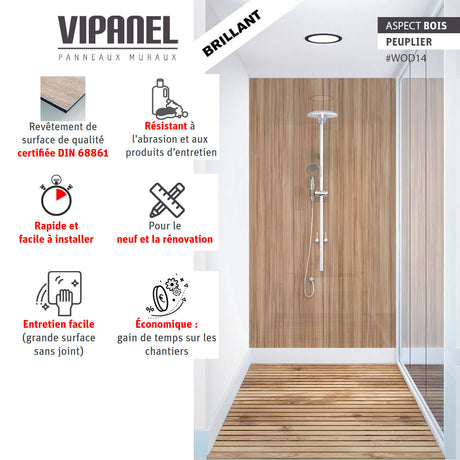 Panneau mural Vipanel, type panneau mural salle de bain, couleur aspect bois peuplier, finition brillante.