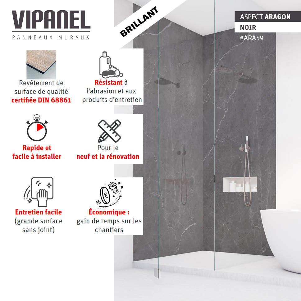Panneau mural VIPANEL, type revêtement mural, couleur noir aspect aragon brillant, salle de bain moderne.