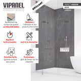 Panneau mural VIPANEL, type revêtement mural, couleur noir aspect aragon brillant, salle de bain moderne.