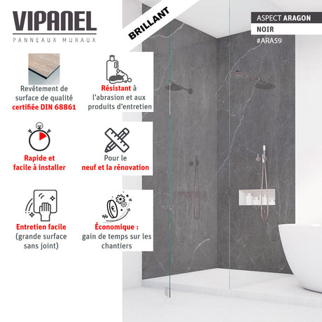 Panneau mural VIPANEL, type revêtement mural, couleur noir aspect aragon brillant, salle de bain moderne.
