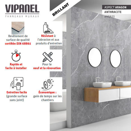 Panneau mural Vipanel, type revêtement mural, couleur anthracite aspect Aragon, brillant.