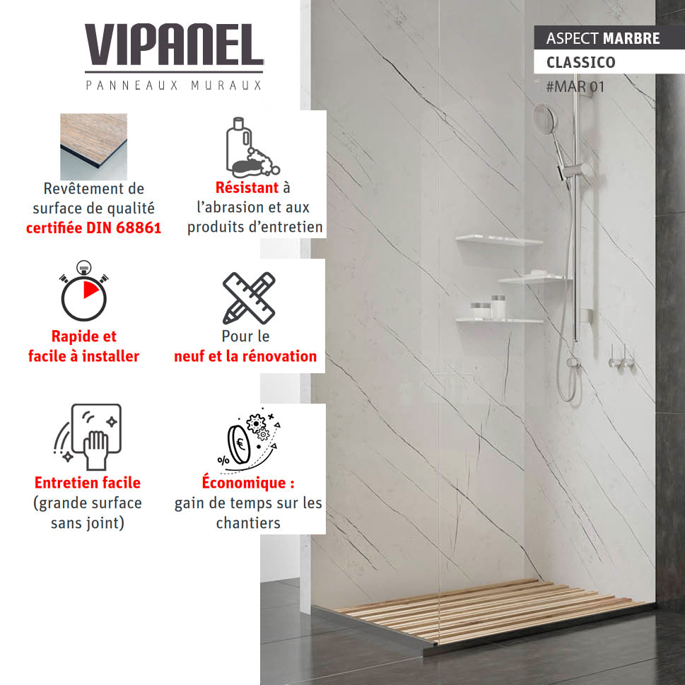 Panneau mural VIPANEL aspect marbre blanc pour douche, marque VIPANEL, couleur blanc marbré.