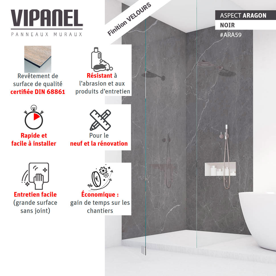 Panneaux muraux VIPANEL, type revêtement mural, couleur noir aspect ardoise pour salle de bain.