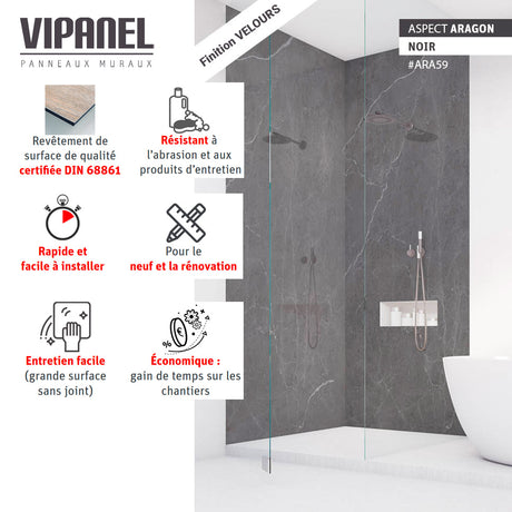 Panneaux muraux VIPANEL, type revêtement mural, couleur noir aspect ardoise pour salle de bain.