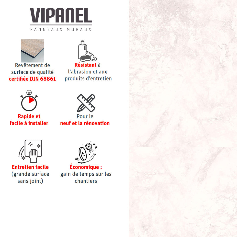 Panneau mural VIPANEL, type panneau mural, couleur blanc marbré, avantages listés à gauche.