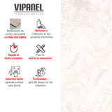 Panneau mural VIPANEL, type panneau mural, couleur blanc marbré, avantages listés à gauche.