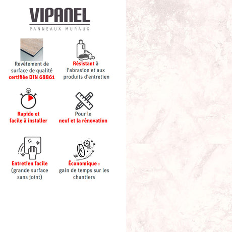 Panneau mural VIPANEL, type panneau mural, couleur blanc marbré, avantages listés à gauche.