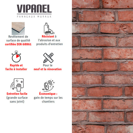 Panneau mural VIPANEL, imitation brique rouge, pour rénovation murale.