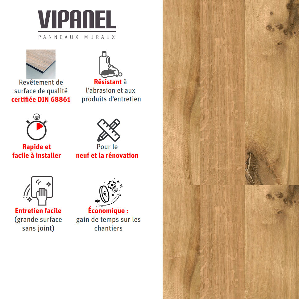 Panneau mural VIPANEL, aspect bois, couleur chêne clair.