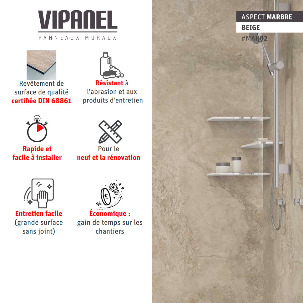 Panneau mural VIPANEL, type panneau mural, couleur beige aspect marbre, posé dans une douche.